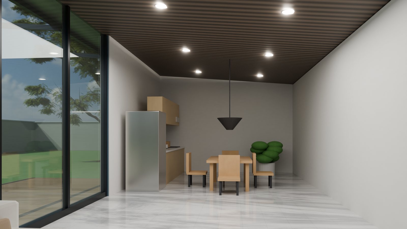 Interior del Modelo 3R: sala con cristal de piso a techo y plafón de duela